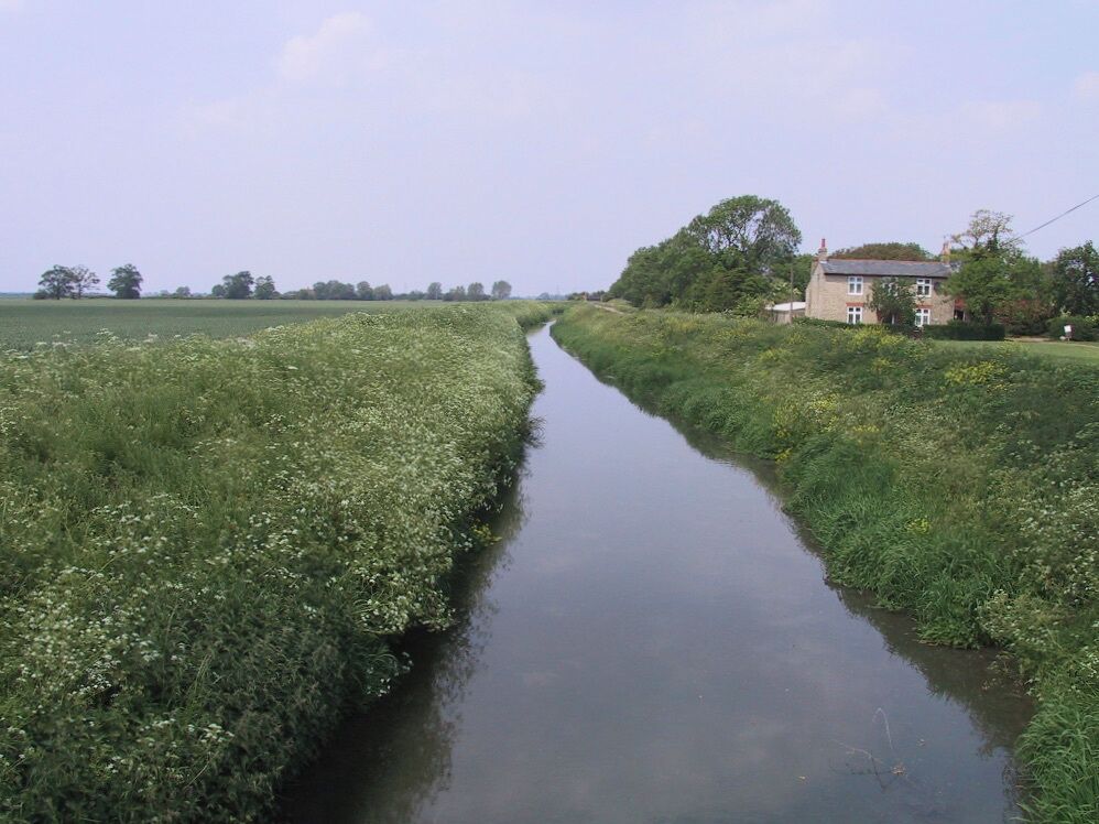 A narrow waterway flanked by lush greenery and a traditional house.