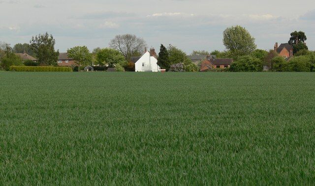 A green field with a white building in the distance, surrounded by houses and trees.