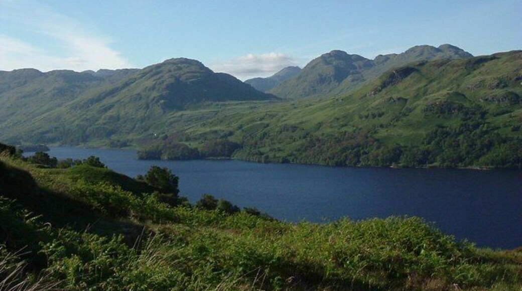 Loch Katrine Looking NNW across the loch to An Garadh, centre left and the bulk of the Corbett Stob a Choin in the background to the right.