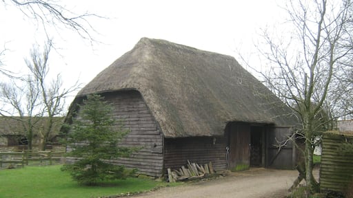 Thatched Barn near Barnfield Large storage barn on Brabourne Lane, near Park Farm. Behind the barn is a cottage.