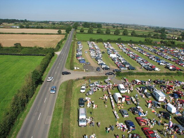Croft car boot sale entrance from elevation of 25m Taken from within the boot sale using a digital camera attached to an 80ft (25m) pole. Croft village is to the north east.