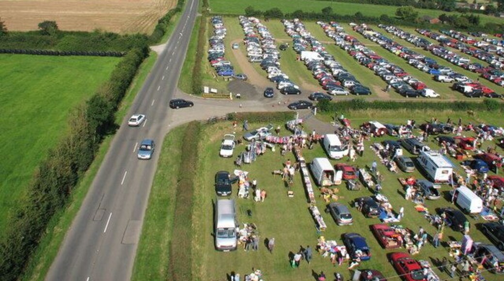 Croft car boot sale entrance from elevation of 25m Taken from within the boot sale using a digital camera attached to an 80ft (25m) pole. Croft village is to the north east.
