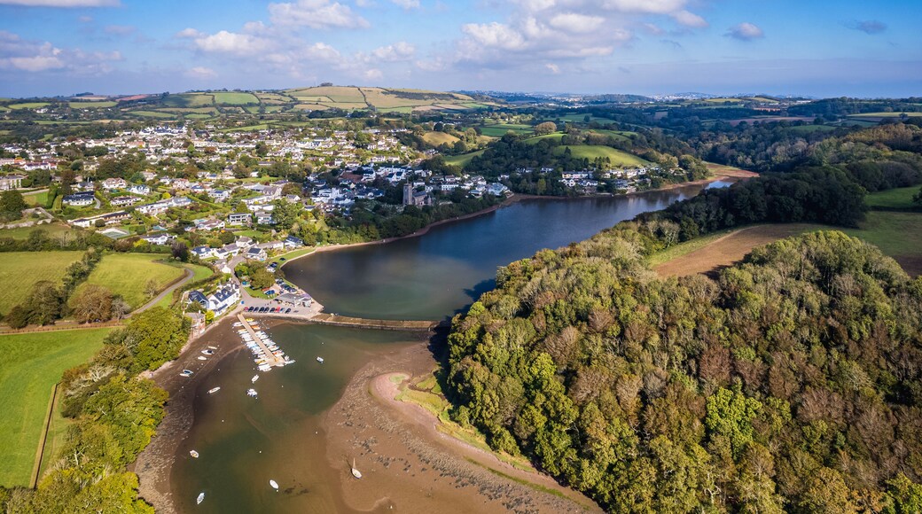 Stoke Gabriel and River Dart from a drone, Devon, England, Europe
