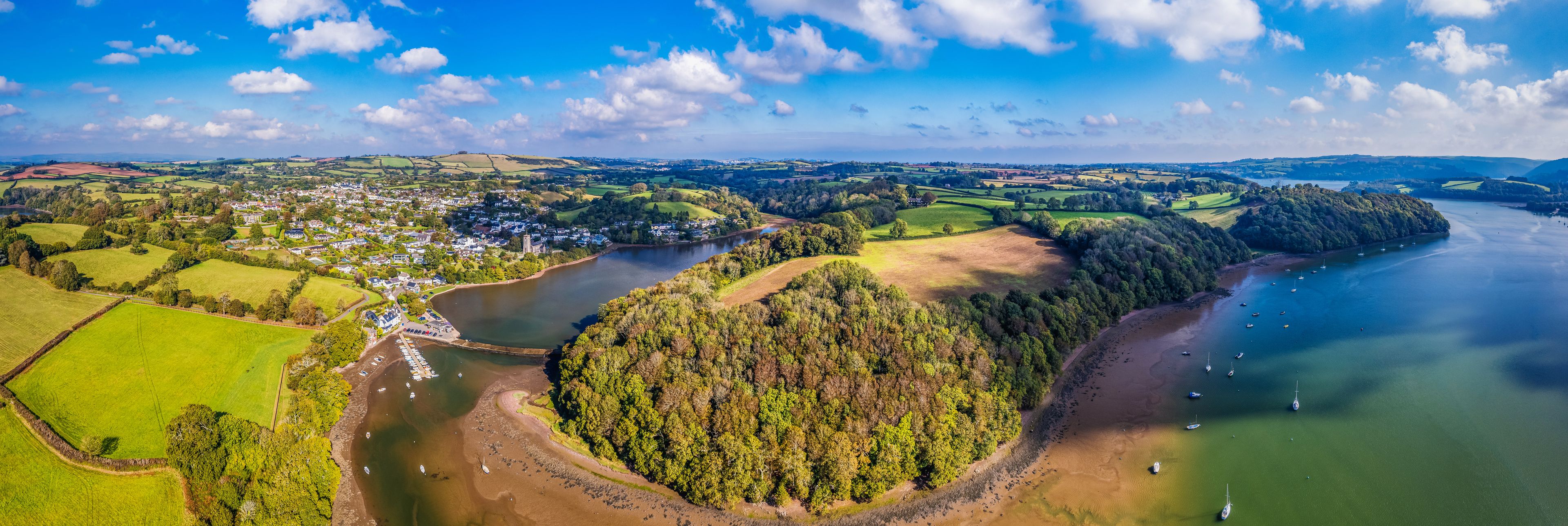 Panorama of Stoke Gabriel and River Dart from a drone, Devon, England, Europe
