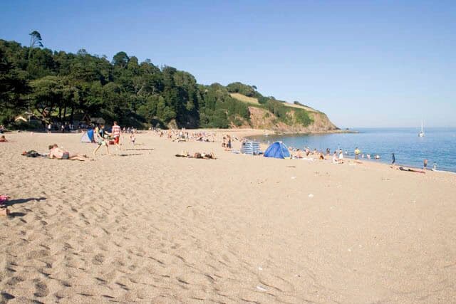Blackpool Sands Looking east towards the end of this curved bay. One of the most photographed bays on the south coast of Devon, the steeply sloping beach is actually made up of fine shingle. This makes for very strenuous walking, especially when loaded up with beach paraphernalia. No sand in the sandwiches though! And the water was crystal clear on this perfect summer Sunday afternoon.