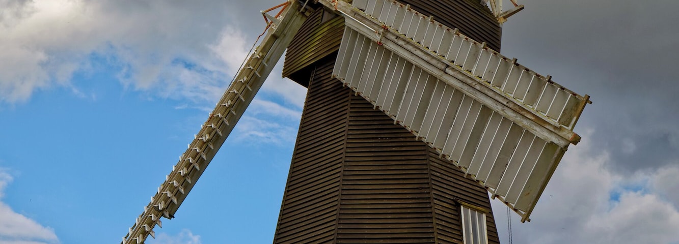 Davisons Mill (built 1866), a Grade I listed smock windmill and museum in Stelling Minnis, Kent, England. Camera: Canon EOS 6D with Canon EF 24-105mm F4L IS USM lens. Software: RAW file lens-corrected, optimized, perhaps cropped, and converted to JPEG with DxO OpticsPro 11 Elite, and likely further optimized with Adobe Photoshop CS2.