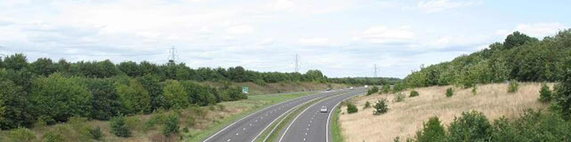 The A414 at Stanstead Bury The A414 is a link road between the A10 and M11. At peak times it would be very busy but was quiet on a Saturday afternoon. Looking north-east.