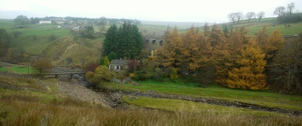 A rural landscape with a stone bridge, a large tree, and a distant building.