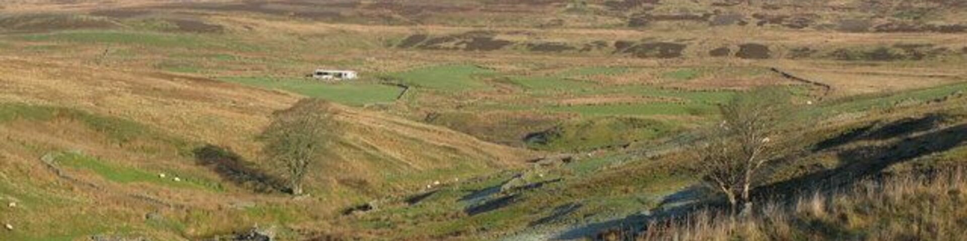 A valley with a river, rolling hills, and a small building in the distance.
