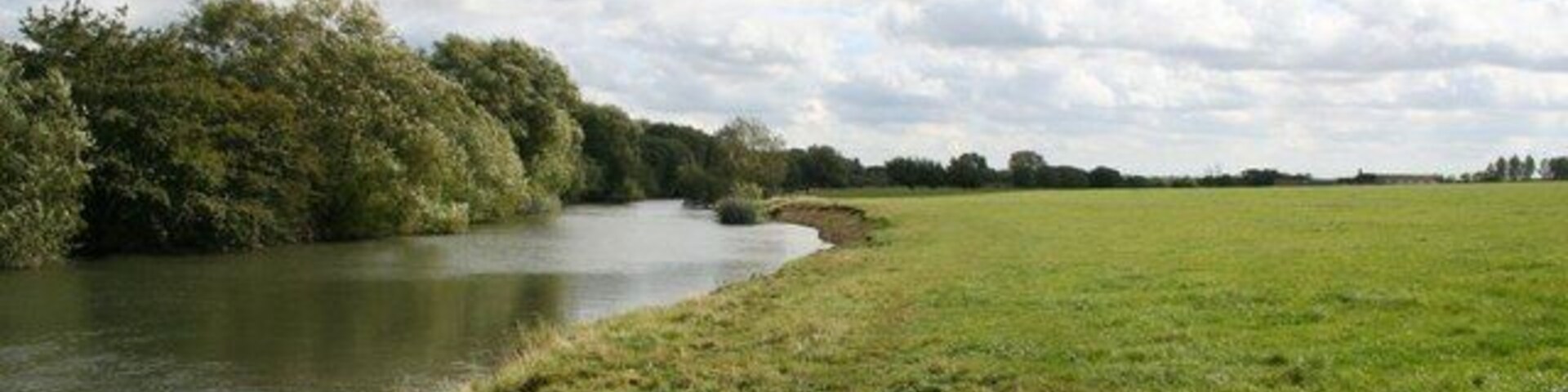 Un río con una orilla cubierta de hierba, árboles y un cielo nublado.