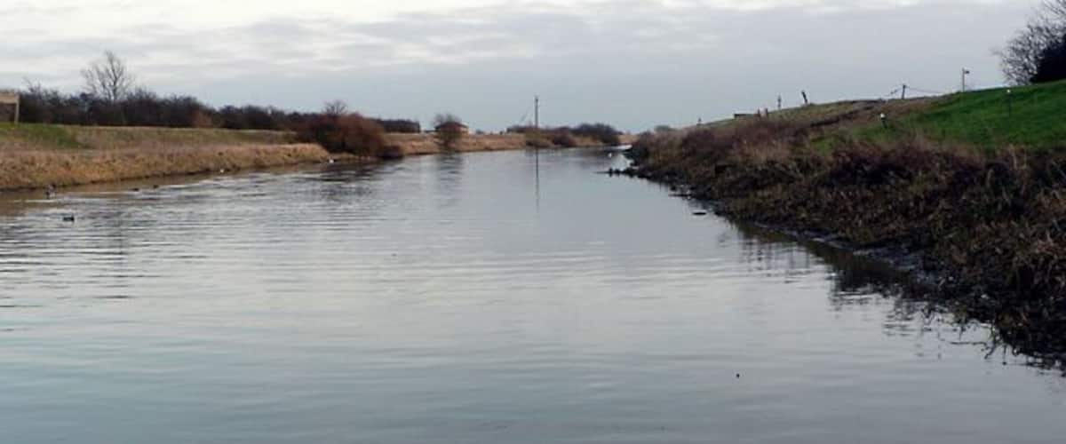A calm river with grassy banks and a distant power line.