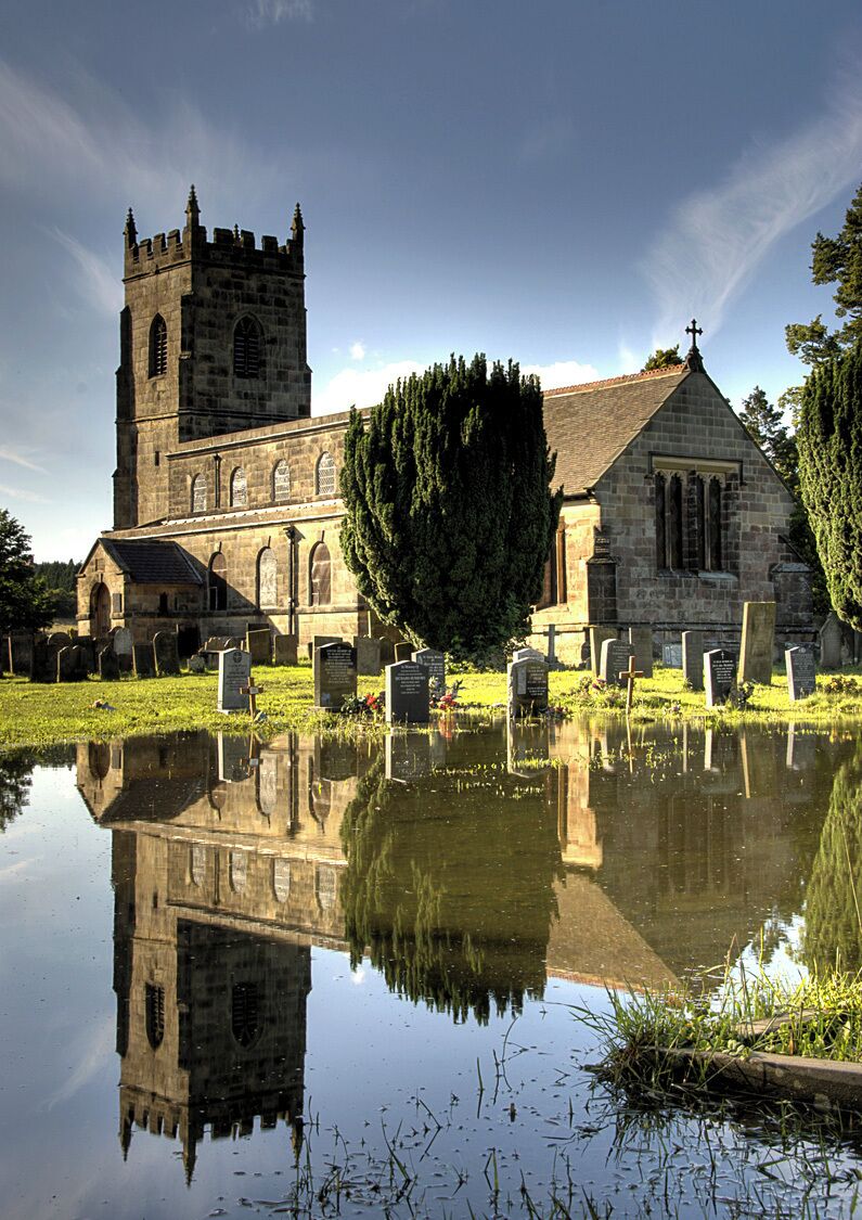 All Saints' parish church, South Wingfield, Derbyshire, shown from the southeast in a high contrast HDR zoom photograph