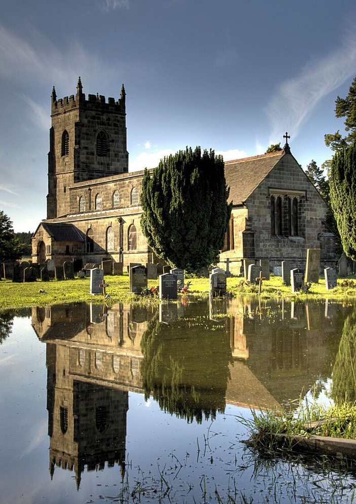 All Saints' parish church, South Wingfield, Derbyshire, shown from the southeast in a high contrast HDR zoom photograph