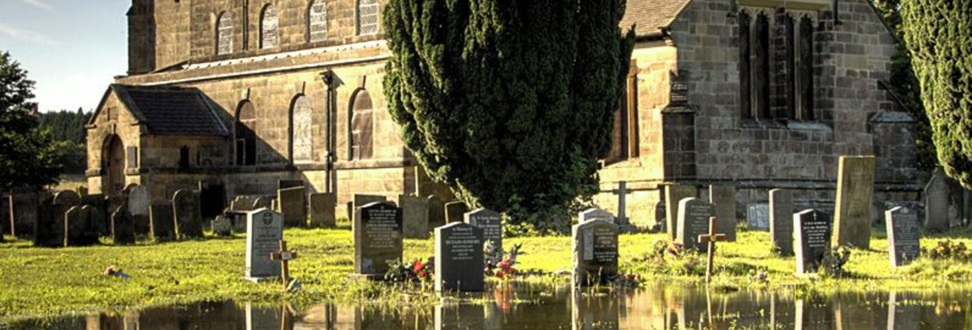 All Saints' parish church, South Wingfield, Derbyshire, shown from the southeast in a high contrast HDR zoom photograph