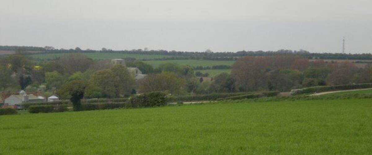 A green field with a rural landscape, houses, and trees in the distance.