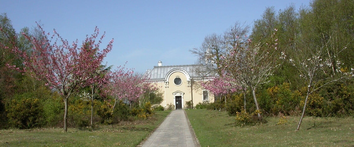 A pathway leading to a building with a dome and arched entrance, surrounded by flowering trees and greenery.