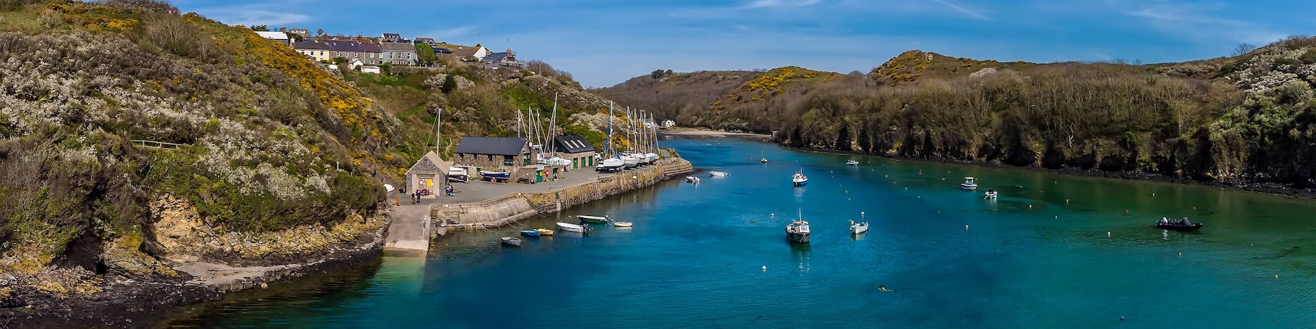 A panorama aerial view across the entrance to the inlet at Solva, Pembrokeshire, South Wales on a sunny day
