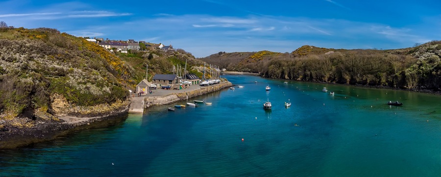 A panorama aerial view across the entrance to the inlet at Solva, Pembrokeshire, South Wales on a sunny day