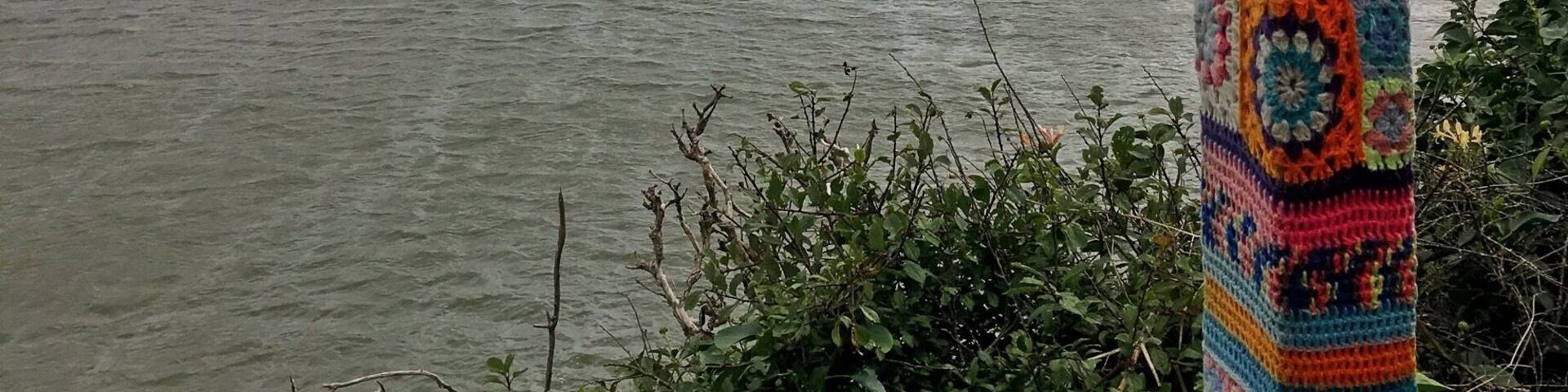 Coastal Path from Solva . This spot is just as you ascend north out of Solva past the harbour. You can see the mouth of the river opening out to the Irish Sea. A great place to park next to the Harbour Inn. You can see an example of Knit bombing (Yarn Bombing) on the way post.