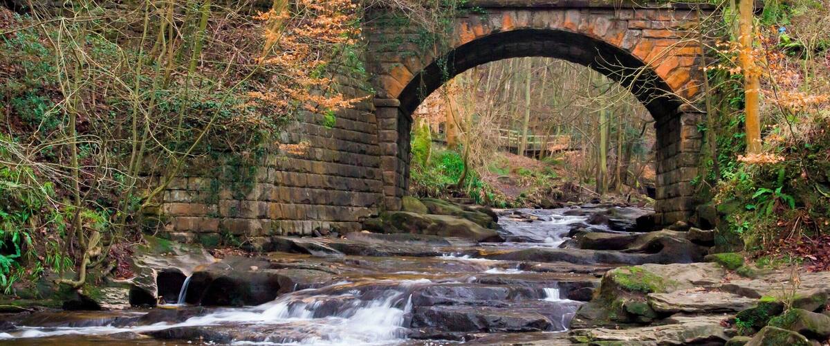 One large waterfall at Falling Foss this shot shows the small flow of water which just flows under the bridge heading towards the large falls..