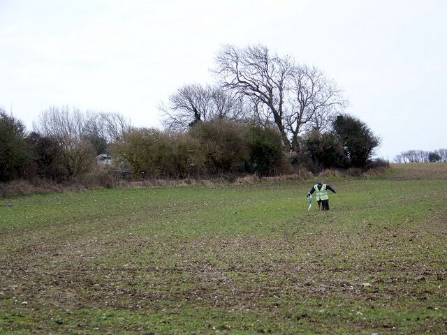 A person in a field with trees and bushes in the background.
