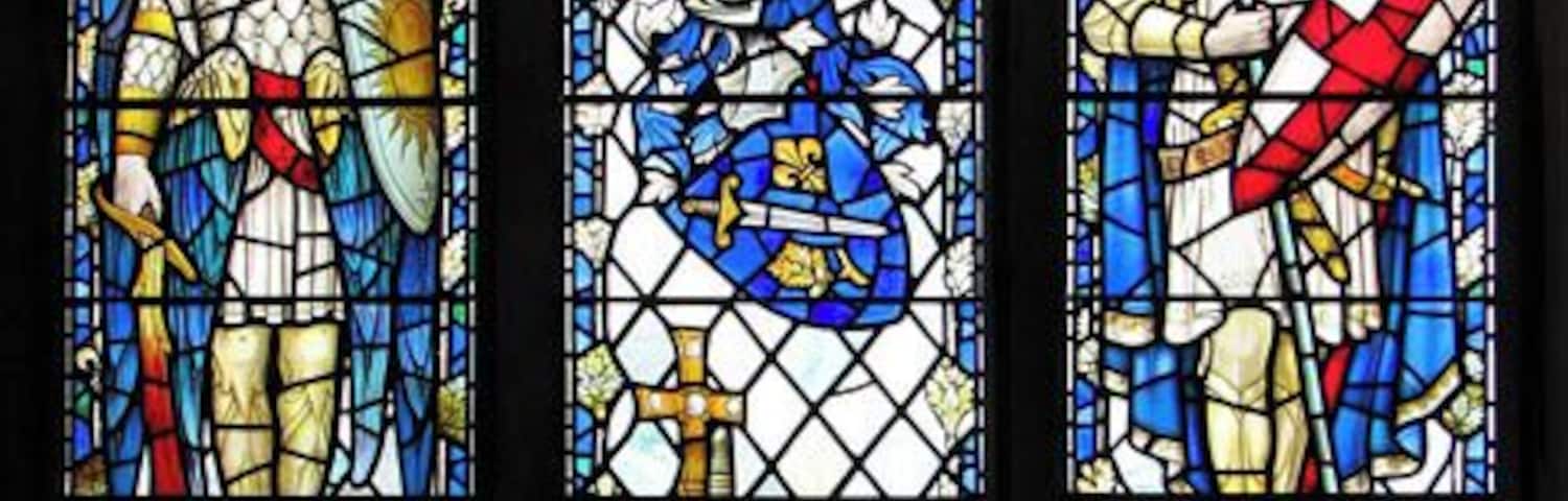The church of SS Peter and Paul in Shropham - memorial window Memorial window for Flt. Sgt. Ronald Garnier of Shropham Hall, who was killed in a Spitfire off Gibraltar in 1942. The RAF insignia can be seen at the top of the window and the Rock of Gibraltar (left) and Shropham Hall are depicted lower down. St Peter's church > https://www.geograph.org.uk/photo/1761300 is situated to the east of the village of Shropham, adjoined by the former vicarage. It has a massive tower which dates from the 16th century but the church building is much older. However, much of the soft stone used in building it has deteriorated and had to be replaced over the centuries. The fine north doorway > https://www.geograph.org.uk/photo/1761345 dates from the 13th century as does the arcade inside. Apart from minor repairs, the arch-braced timber roof in the nave is original. Font > https://www.geograph.org.uk/photo/1761448 and cover are Jacobean. The church was restored in Victorian times and most furnishings date from that time. There is one medieval carved bench end which depicts a dog > https://www.geograph.org.uk/photo/1761417 - it marks the family pew of the Barkers, Lords of Shropham Manor, which was built for the Barker family in the 1720s. The carved reredos > https://www.geograph.org.uk/photo/1761393 is modern and commemorates Augustus Hethersett Hemsworth who died in WW1. The stained glass in the east window > https://www.geograph.org.uk/photo/1761389 is Victorian.