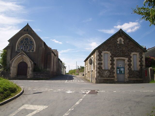 Former church (left) and hall (right) at the crossroads at New Inn, Devon, seen from east-southeast. They are either side of the lane to Hayes Cross and Shebbear.