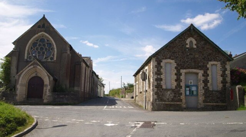 Former church (left) and hall (right) at the crossroads at New Inn, Devon, seen from east-southeast. They are either side of the lane to Hayes Cross and Shebbear.