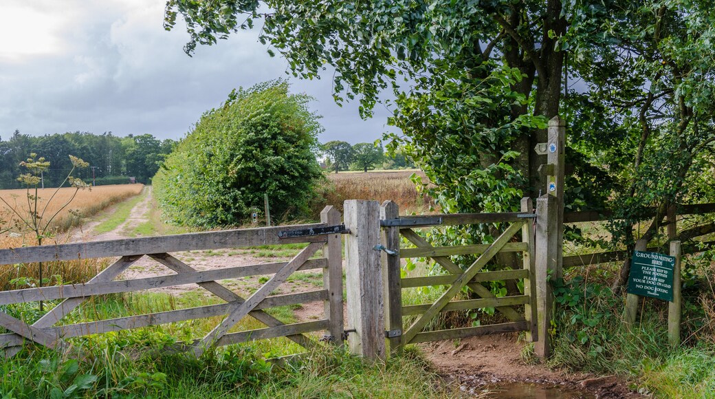 A wooden gate with a sign about ground nesting birds, a dirt path, and a field in the background.