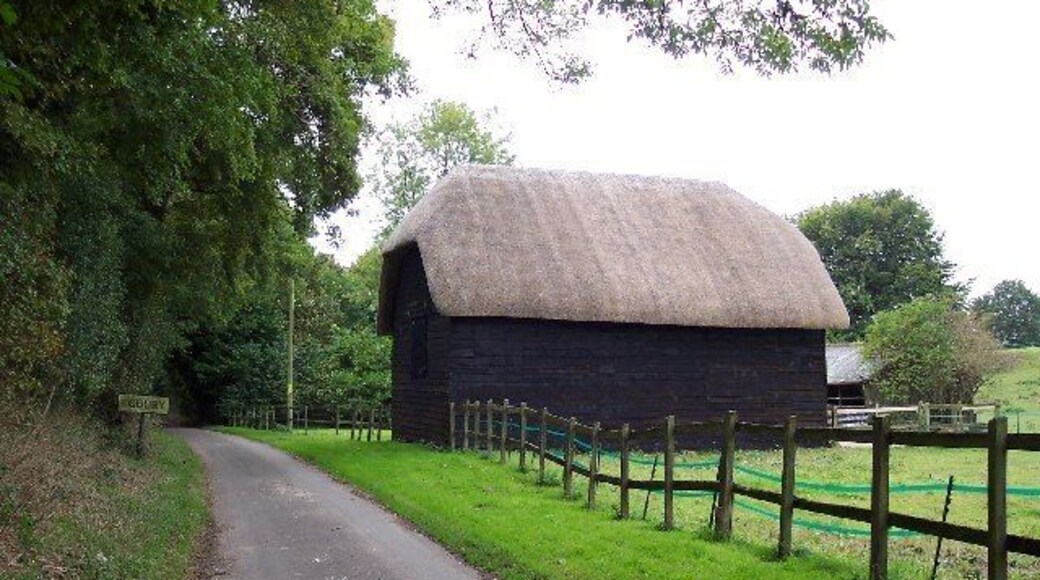 Thatched barn. A thatched, weatherboarded barn at the north end of Egbury village.