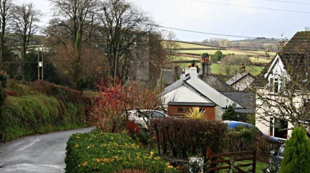 St Dominick Village Looking down the main village road towards the church in the adjacent grid square SX3967.