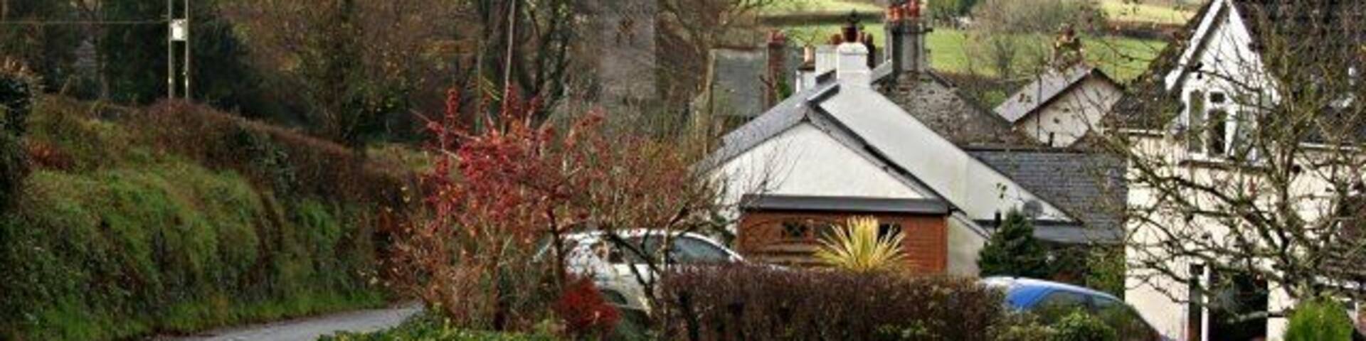 St Dominick Village Looking down the main village road towards the church in the adjacent grid square SX3967.