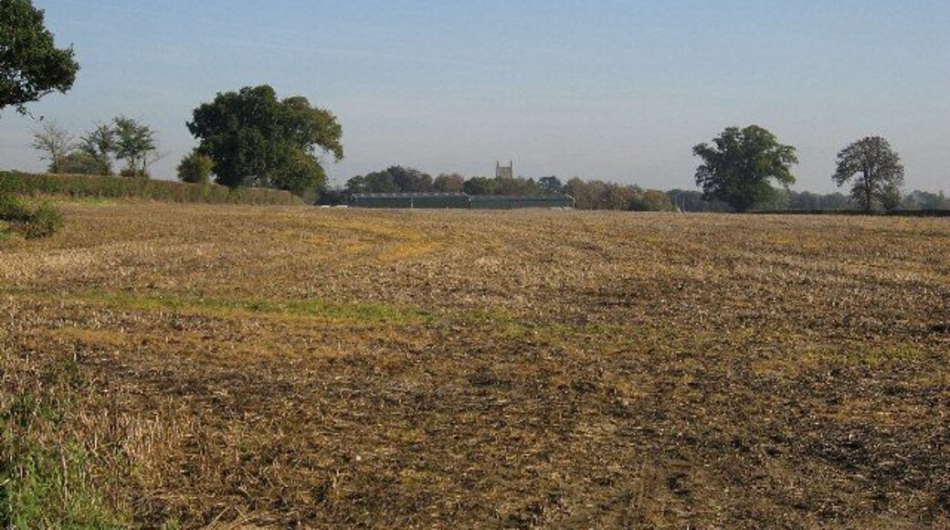 God And Mammon A field stretches to barns and a church in the distance.