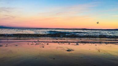A beach with waves at sunset.