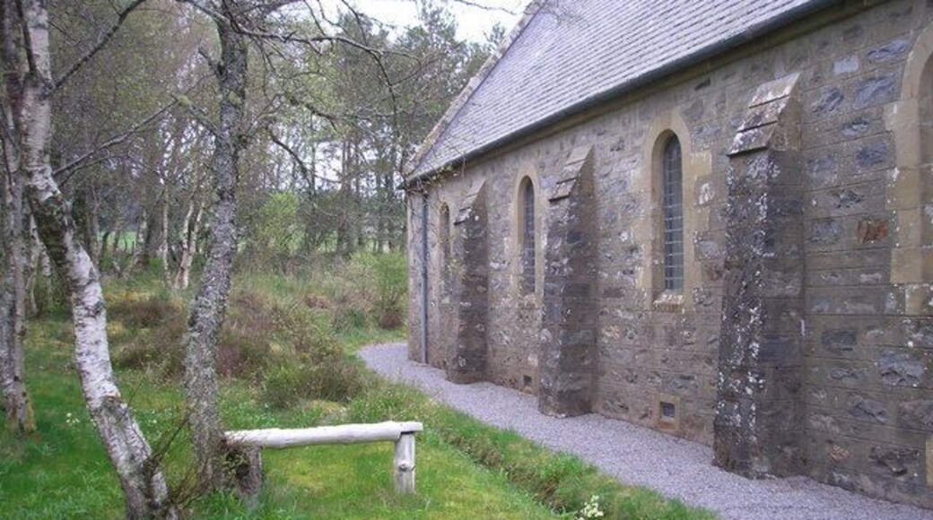 Woodland area at Rosehall Parish Church The view of the grounds on the western side of Rosehall Parish Church. Basic woodland seating has been provided in this area and can be used for picnics or other events.