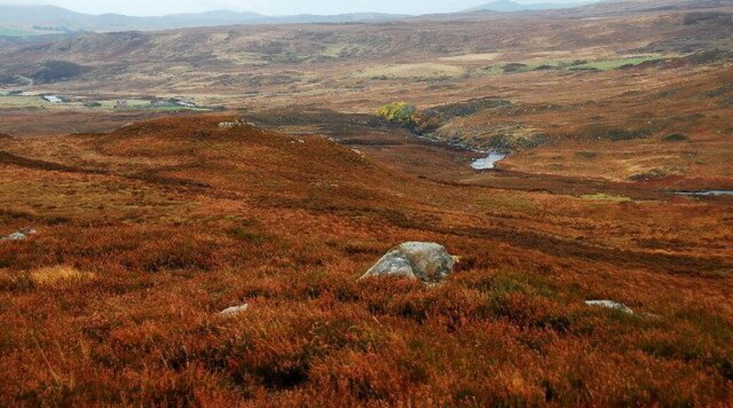 Heather Moorland and erratics Well, as there isn't anywhere for the rocks to have fallen from, I assume that they are glacial moraine. Nice view despite the rain.
