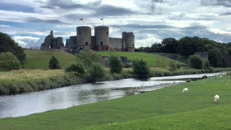 A castle with two towers and a river in the foreground.