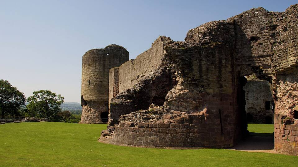 A historic stone castle ruin with a grassy foreground and trees in the background.
