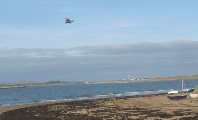 An Army Sea King over the Boat Pool strand at Rhosneigr