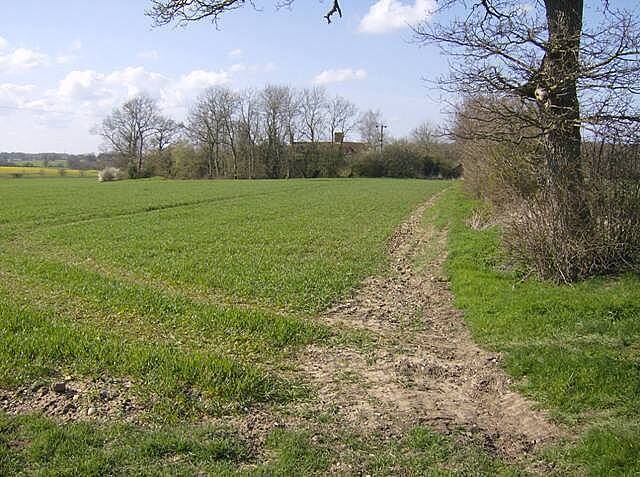 Approaching Wood Farm The footpath actually goes to the right of this hedge line. The farm is surrounded by arable land in large fields. There is a small pond in the trees in front of the farm buildings.