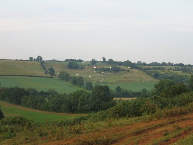 View from Bush Hill. Looking NE from the D'Arcy Dalton Way across the Sor Brook towards the 116334 at Fir Tree Farm on the other side of the valley.