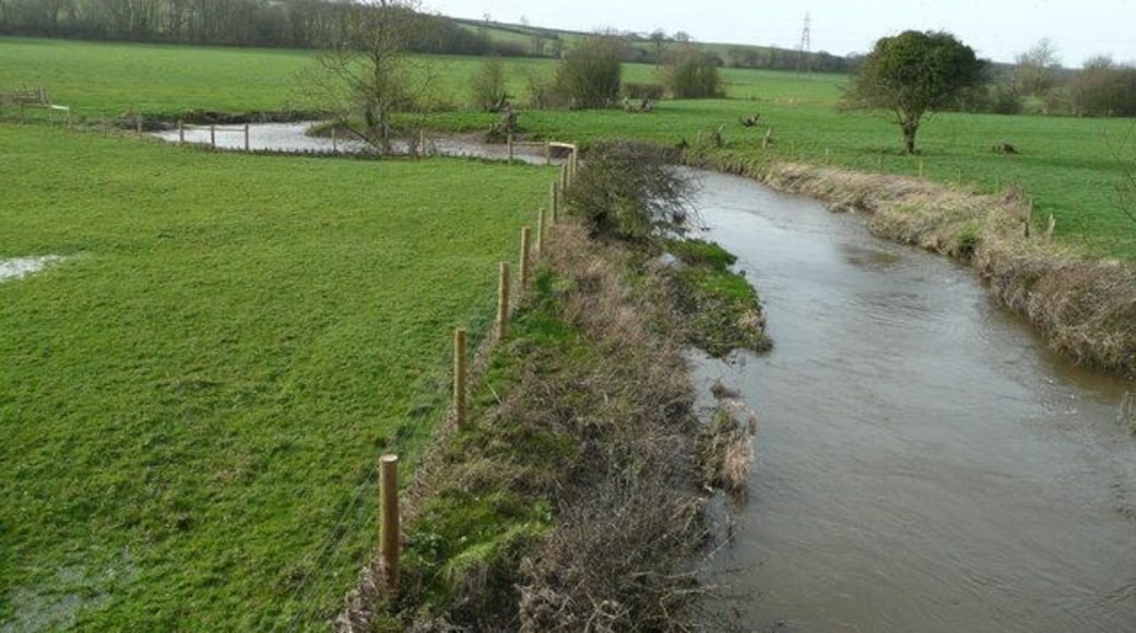 River Tamar from Crowford Bridge View upstream in the lush meadows of the upper section of the river. Cornwall to the left, Devon to the right.