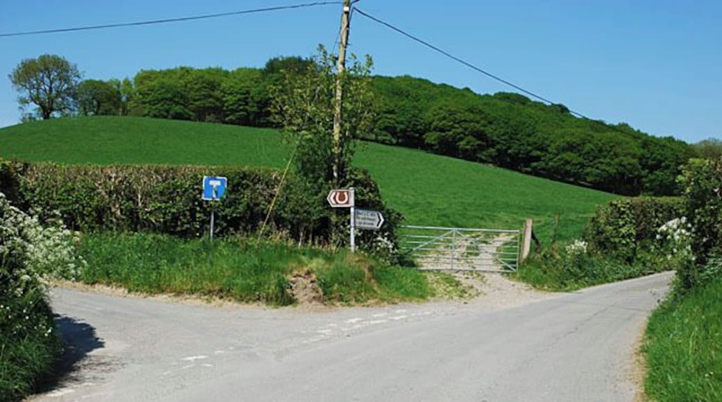 Road junction at Llandre The road on the right continues to Bwlch y Rhiw, thence to the Tywi valley and Llyn Brianne. The lane on the left serves farms up the Managoed valley, including, as the horseshoe shows, some riding establishments.