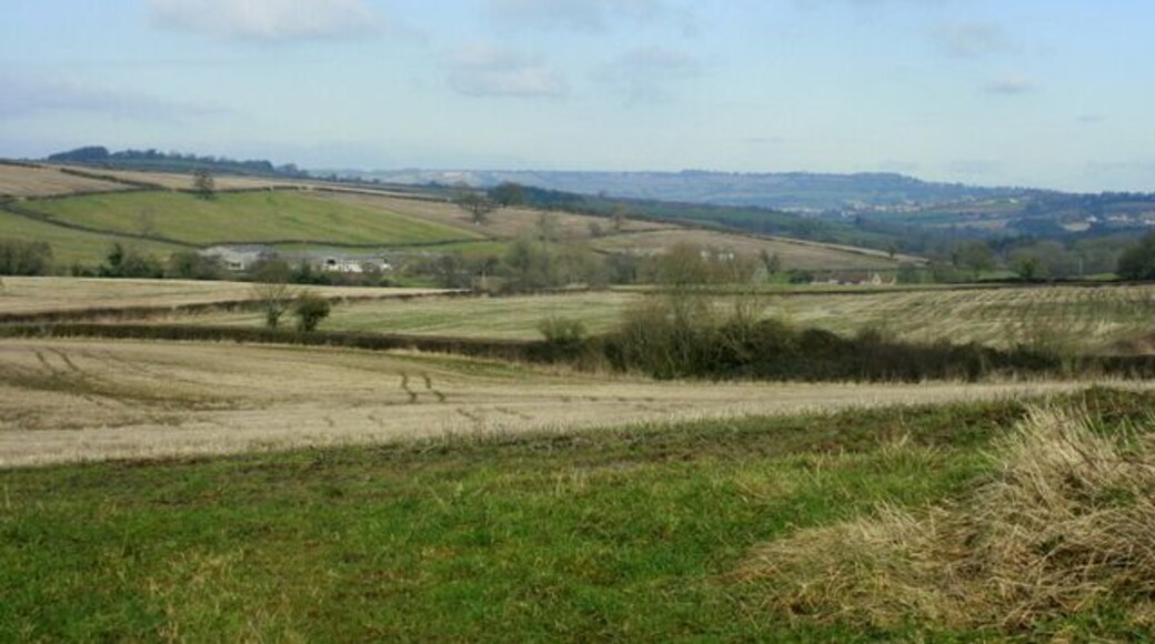 Fields west of Priston Conygre Brook runs along the valley in front of us, this is the stream which powers Priston Mill. Look at the skyline to the right of centre and you may see a tiny blip. This is Beckford's Tower ST7367 on Lansdown.