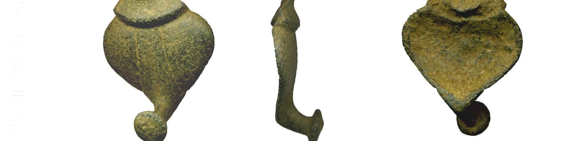 Cast copper alloy possible strap fitting. The body of the strap fitting is an inverted drop shape, which is wider than its length. The lower tip of the body has in an integral hook which forms a sub âLâ shape in profile. The terminal of the hook has a circular dome. The hook element, in section, is a pointed oval. The body of the object has a convex outer surface and the reverse is concave. The outer surface is decorated with two linear grooves forming a â/ \â design. The upper edge of the body has an off-set integral curved platform which has a broken upper edge; therefore its original shape is undetermined. The reverse of this element of the fitting is obliquely angled. The surface of the fitting has frequent low-relief fitting with a dark green/grey patina. It is uncertain whether it is incomplete or a fragment of a larger object. It measures 28.26mm long, 28.95mm wide and 12.78mm thick across the hook element. It weighs 12.89g. The object is possibly a strap fitting; an element of a belt chain. Examples with a hook element terminating with a circular dome are described in Stead and Rigby (Stead, I and Rigby, V. 1999 Iron Age Antiquities From Champagne in the British Museum: The morel Collection British Museum Press), Nos. 1629 and 1901 which are dated to the late Iron Age. These examples were found in female graves in Champagne.