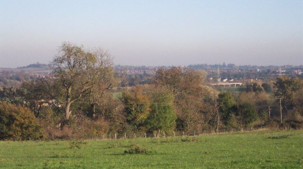 View from Ham Hill, Powick. Supplementary. Wonderful view from this high spot.On the left on the skyline is Crookbarrow Hill SO8752 with its chestnut tree on the top. On the right of the picture is the "Carrington Bridge" taking the southern relief road over the River Severn