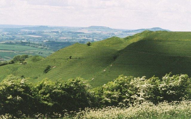 Hillfort slopes and broad view From the top of Eggardon Hill, looking out across the slopes of Eggardon hillfort to the west Dorset countryside.