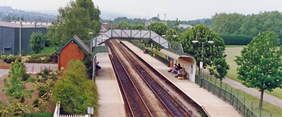 Cwmbran station. View northward, towards Pontypool Road, Abergavenny, Hereford etc.: ex-GWR Newport - Hereford - Shrewsbury main line. This is a new station, opened 12/5/86, on the main line, replacing earlier Cwmbran station on the Blaenavon branch closed 30/4/62.