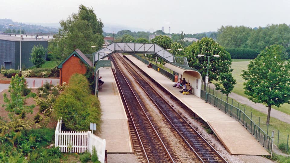 Cwmbran station. View northward, towards Pontypool Road, Abergavenny, Hereford etc.: ex-GWR Newport - Hereford - Shrewsbury main line. This is a new station, opened 12/5/86, on the main line, replacing earlier Cwmbran station on the Blaenavon branch closed 30/4/62.