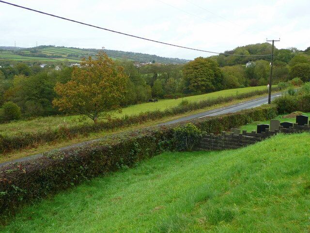 View over the Gwendraeth Fawr valley Looking north-east across the B4317 from the Elim Pentecostal church, Pontyates.